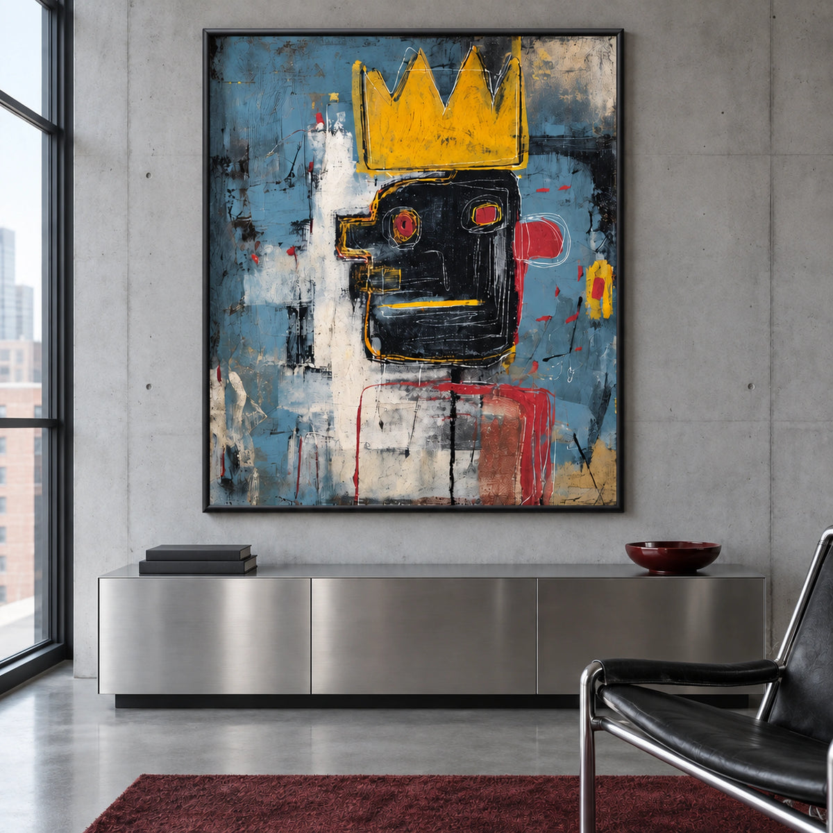 Front view of Urban Reign crowned portrait in a thin black wooden frame above a steel sideboard in a concrete loft.