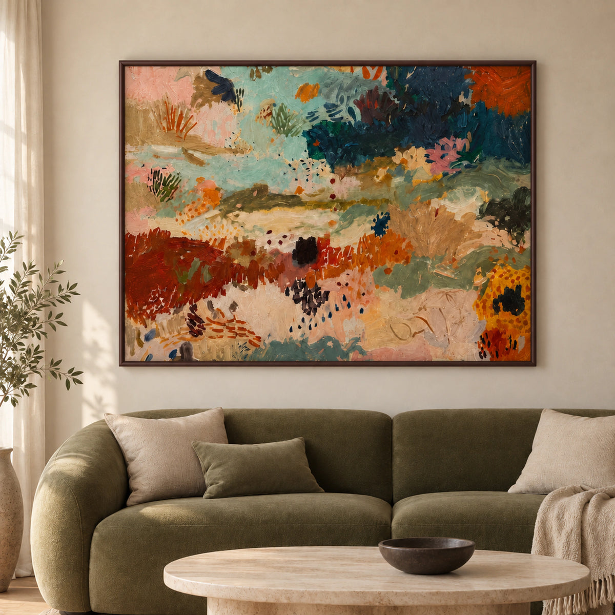Earth & Tide framed abstract art in aqua, teal and rust tones above an olive sofa in a warm living room.