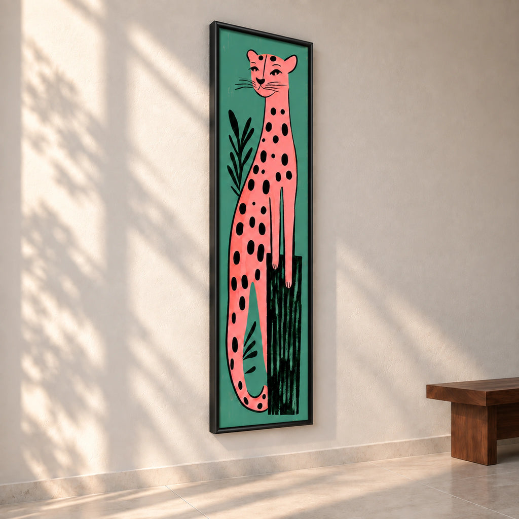 Angled view of Pink Leopard on Teal wall art showing the slim black wooden frame and its rounded satin profile.