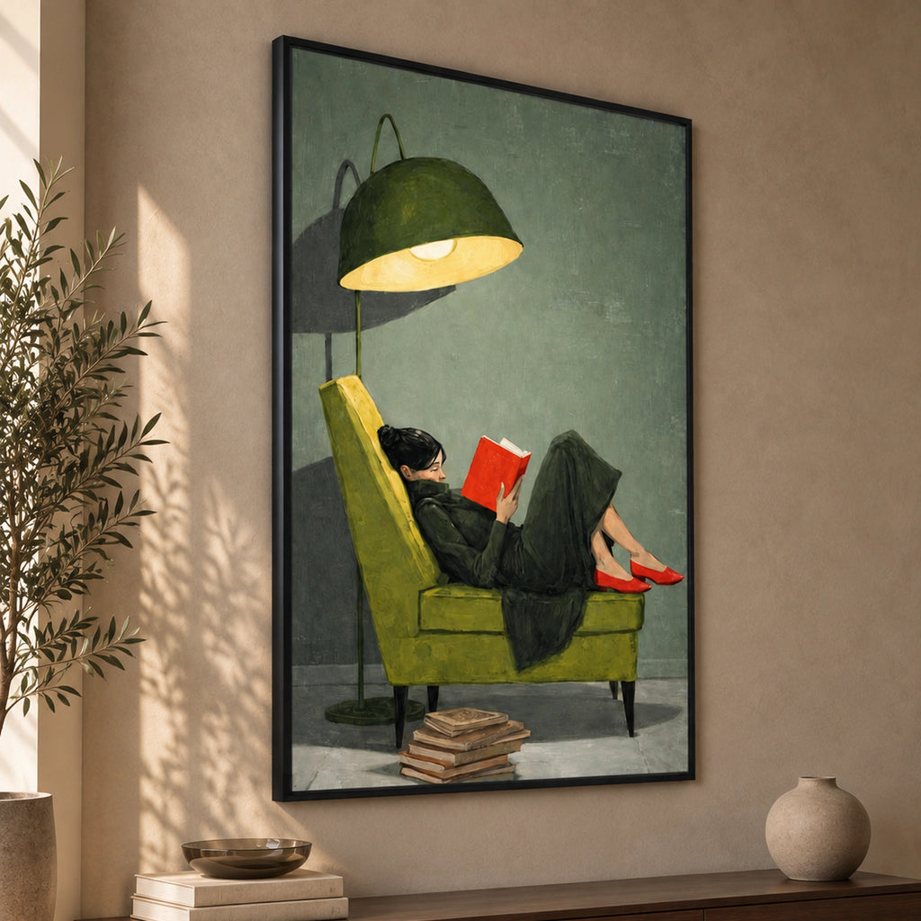 Left-angle view of The Quiet Chapter wall art, showing the thin black wooden frame and the complete reading scene.