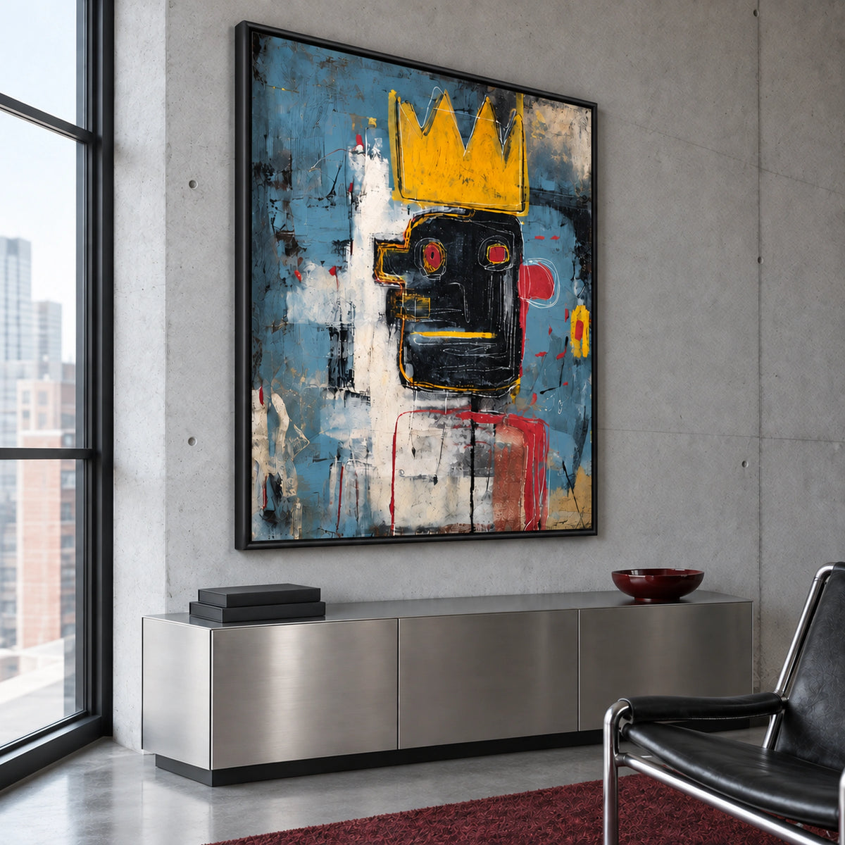 Left-angle view of Urban Reign in a thin black wooden frame beside a loft window and above a steel sideboard.