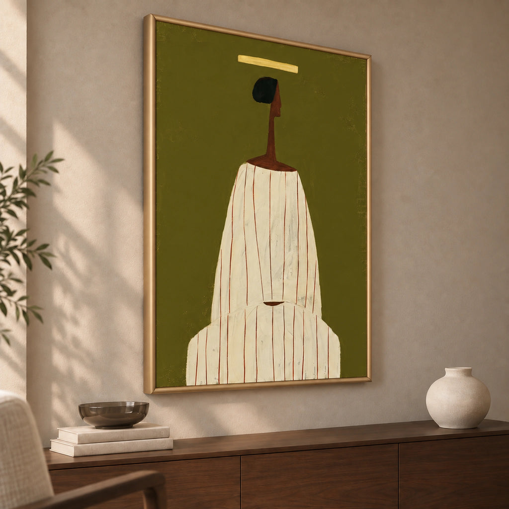 Left-angle view of The Olive Muse wall art, showing the full seated figure and thin rounded gold wooden frame.