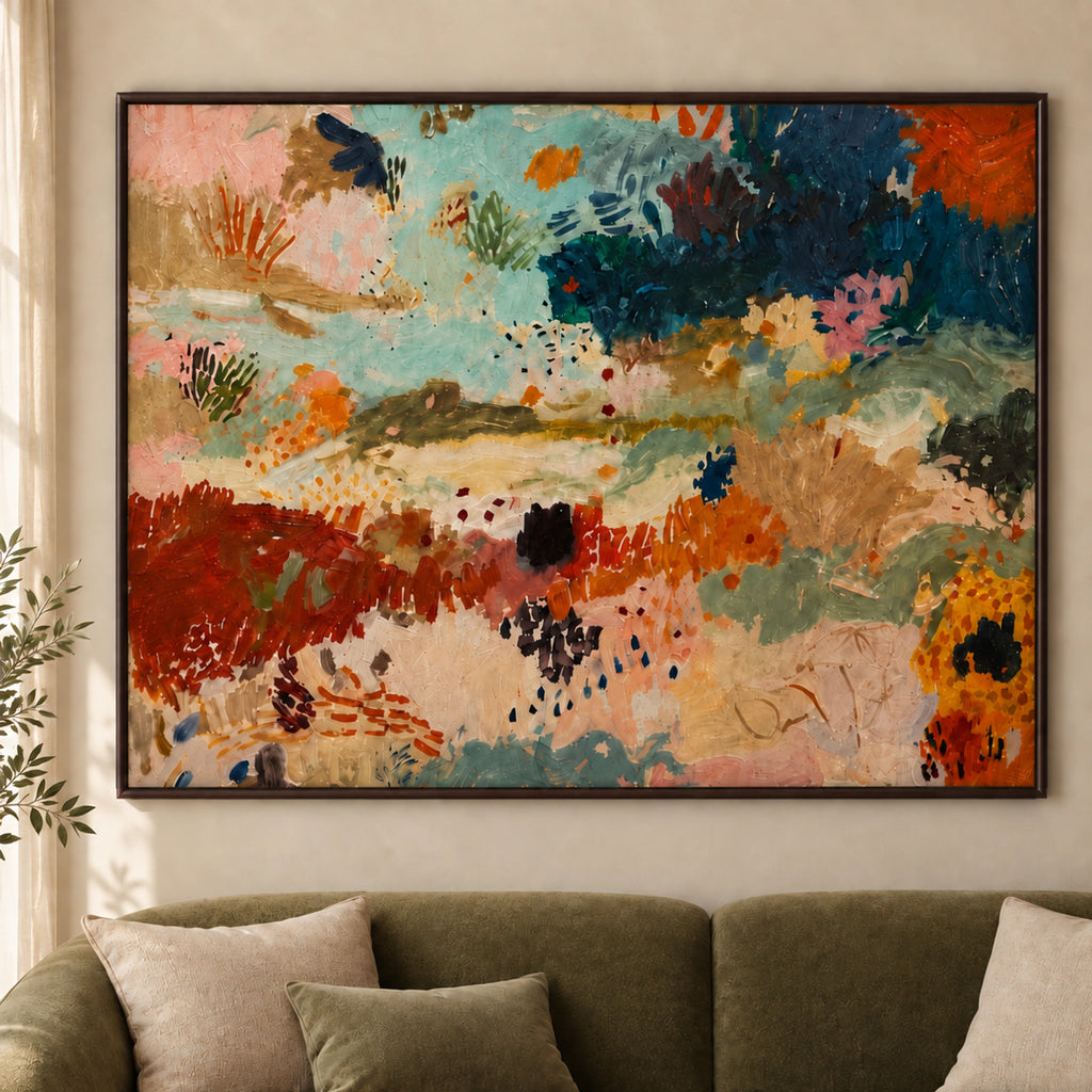 Close frontal view of Earth & Tide abstract wall art in a thin dark brown frame above an olive sofa.