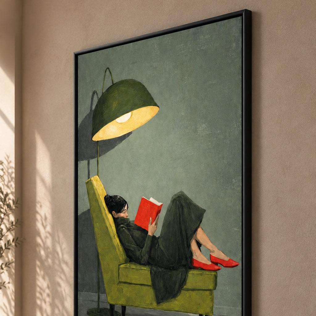 Closer right-angle view of The Quiet Chapter, showing the green lamp, reclining reader and slim black frame.