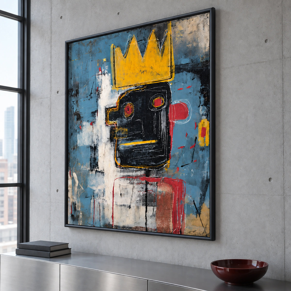 Right-angle view of Urban Reign wall art, showing the yellow crown, blue background and thin black wooden frame.