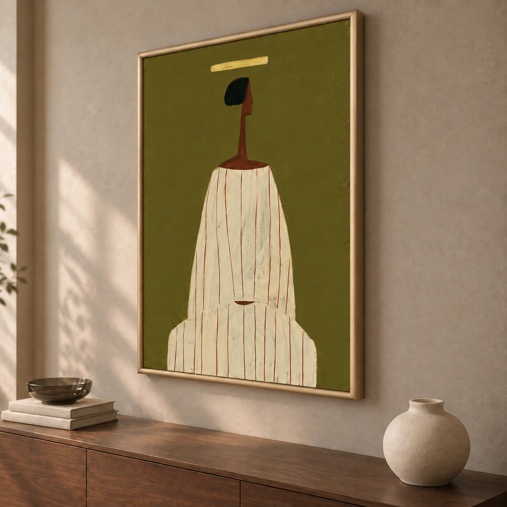 Right-angle view of The Olive Muse, showing the olive-green artwork and the gold wooden frame's rounded profile.