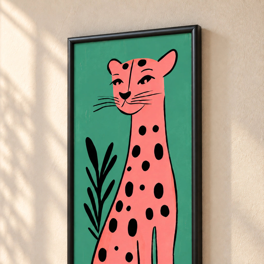 Close-up of the pink leopard's face and upper black wooden frame against a teal background.