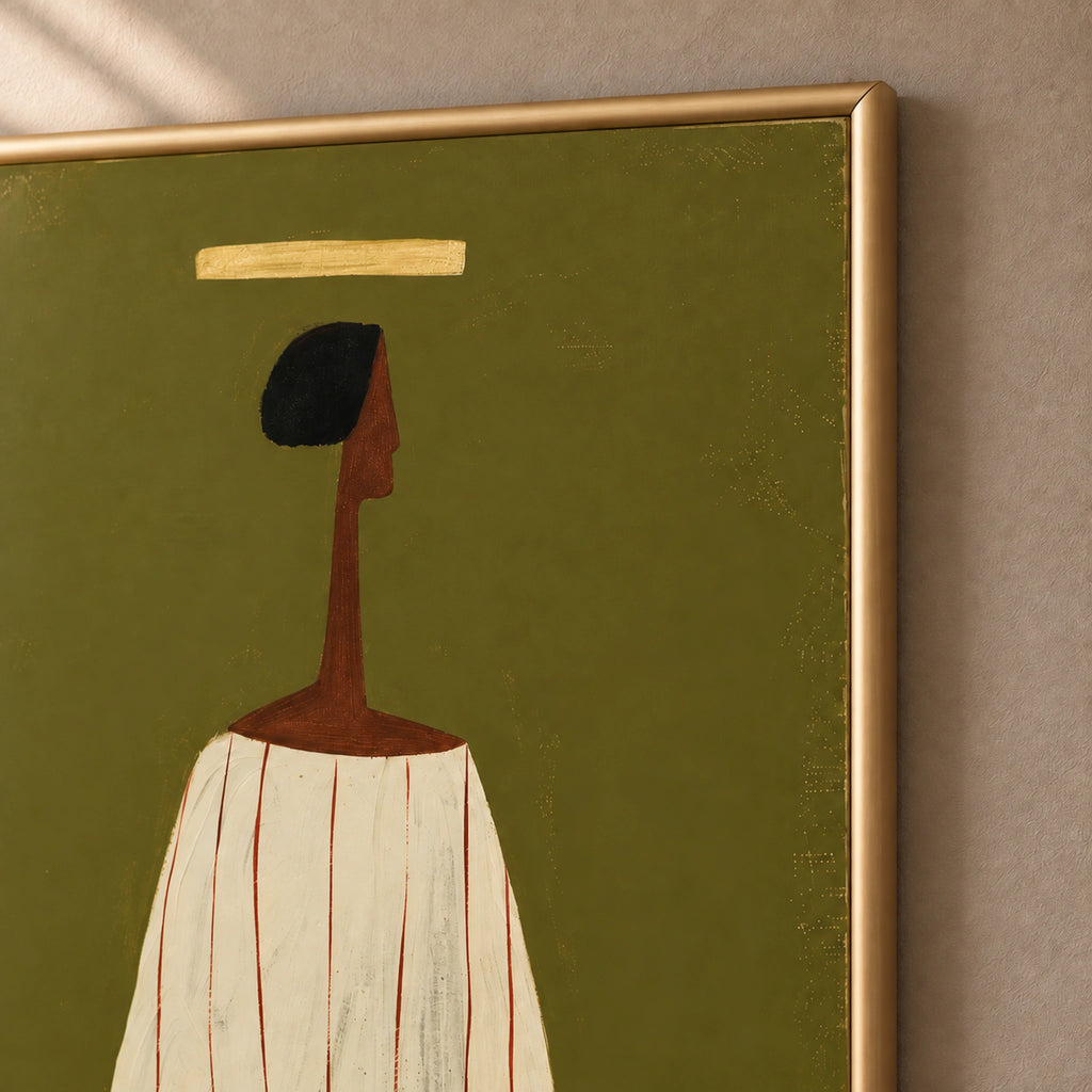 Close-up of The Olive Muse's upper portrait details and mitered frame corner, showing the muted satin-gold finish.