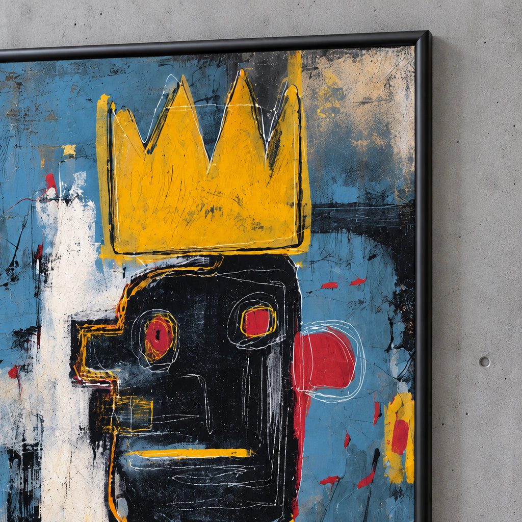 Close-up of Urban Reign's yellow crown and textured blue artwork with the rounded satin-black wooden frame corner.