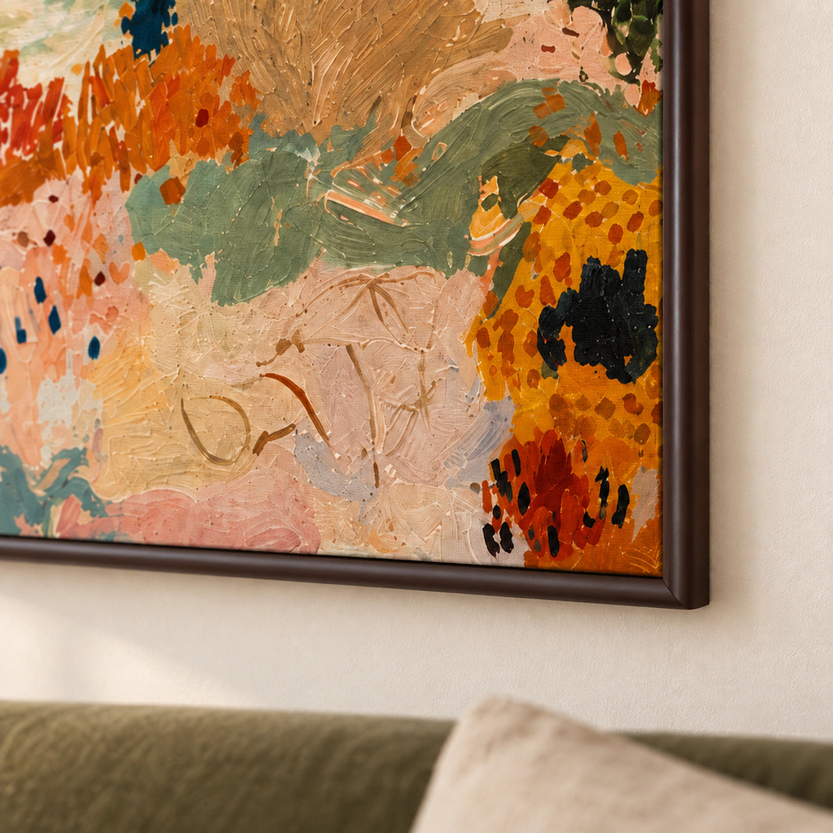 Close-up of Earth & Tide abstract art showing the smooth dark brown frame and colorful brushwork.