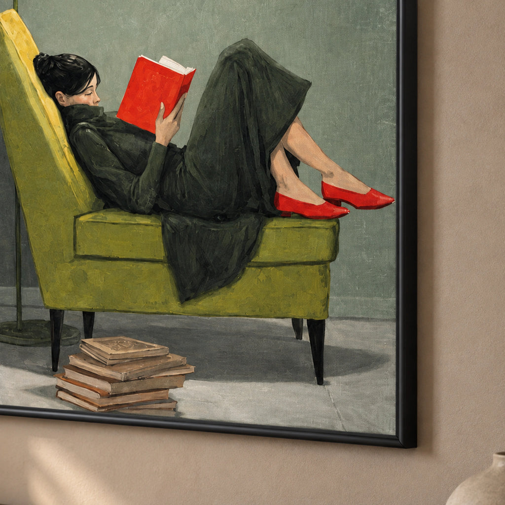 Close-up of The Quiet Chapter artwork, showing the red book, red shoes and rounded black wooden frame corner.