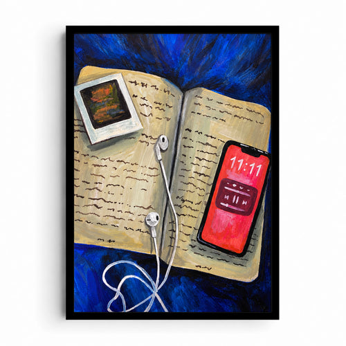 11:11 Reverie artwork showing a phone displaying 11:11, wired earbuds and an instant photograph on an open journal against deep blue.