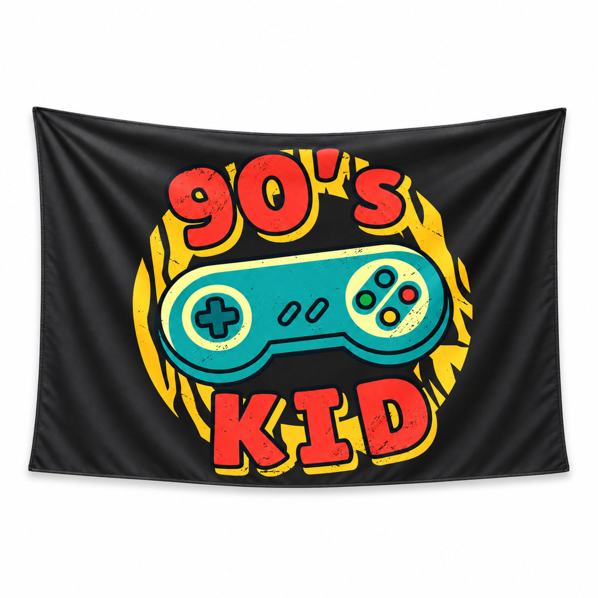 Black 90s Kid wall tapestry with a teal retro game controller, red lettering and yellow accents.