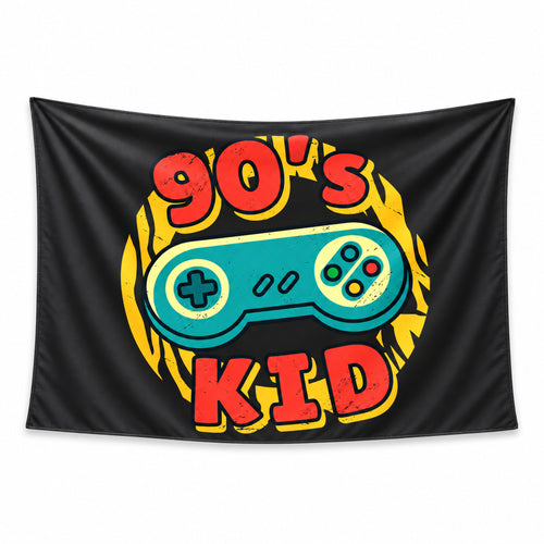 Black 90s Kid wall tapestry with a teal retro game controller, red lettering and yellow accents.