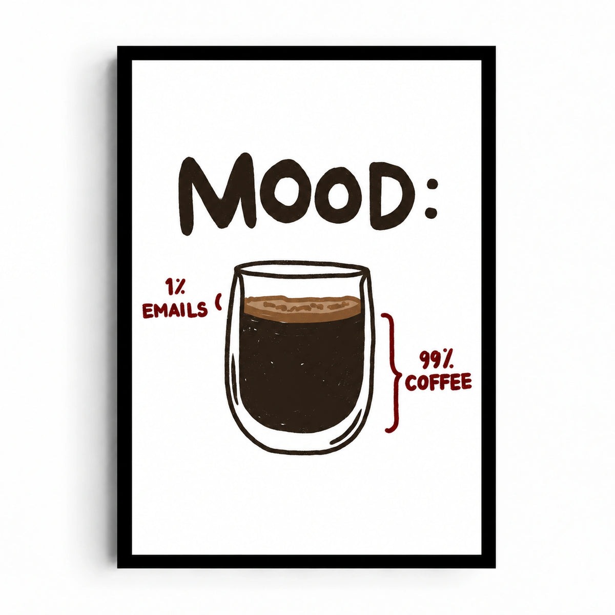 99% Coffee artwork showing a coffee glass beneath MOOD, labelled 1% EMAILS and 99% COFFEE in burgundy on white.