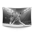Two boxing-great silhouettes squaring up under warm ring lights — LoudBorders wall tapestry.
