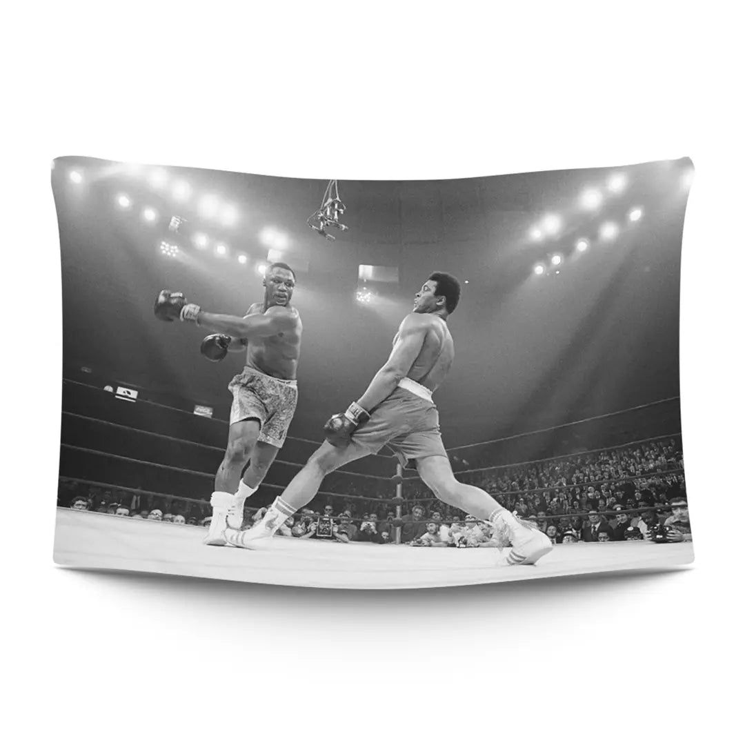 Two boxing-great silhouettes squaring up under warm ring lights — LoudBorders wall tapestry.