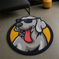 BARK & SWAG die-cut rug — grey retriever in sunglasses with tongue out, on a navy and yellow circular mascot badge, cut to the circle
