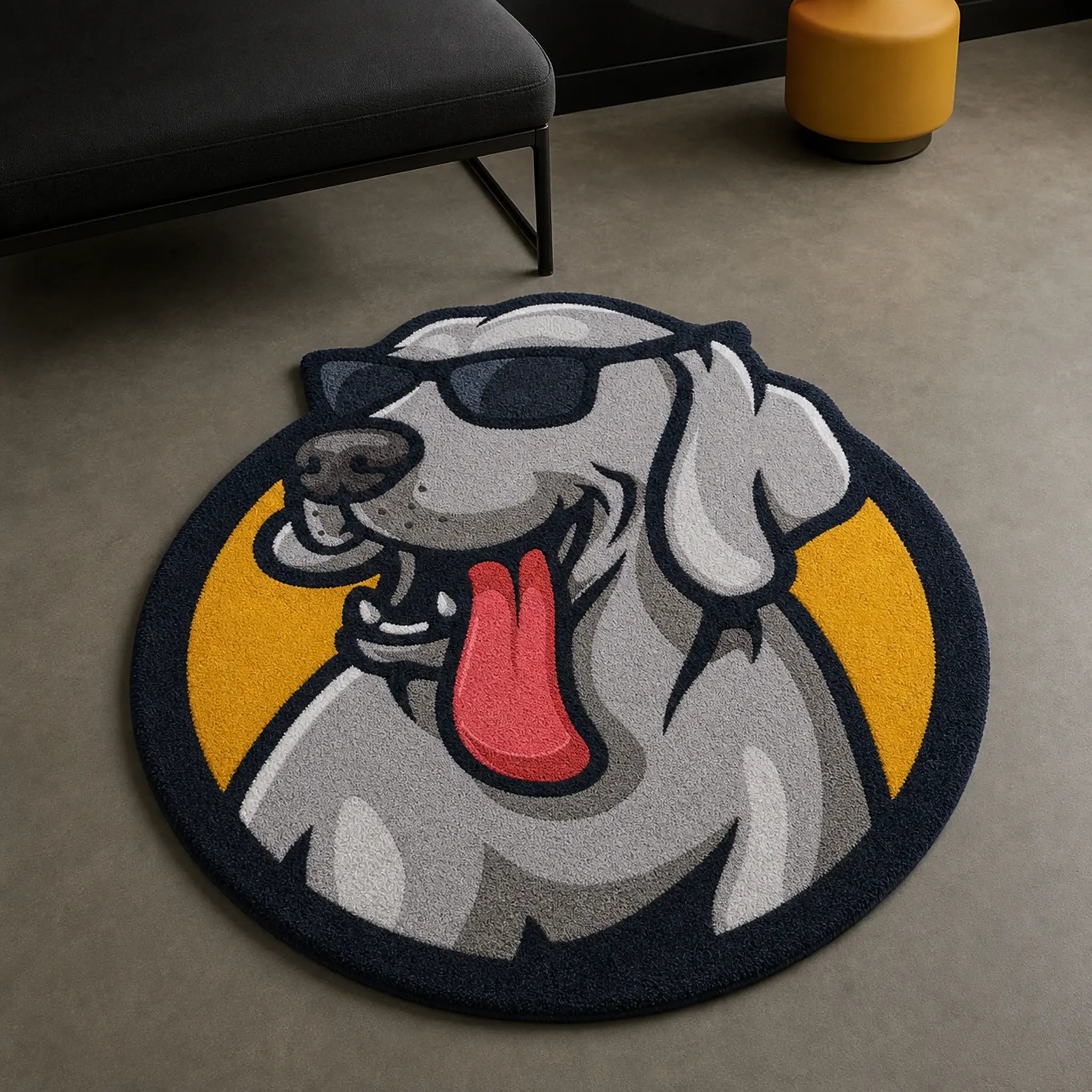 BARK & SWAG die-cut rug — grey retriever in sunglasses with tongue out, on a navy and yellow circular mascot badge, cut to the circle