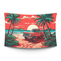 Vintage pickup truck on golden sand with surfboards in the bed and palm-tree silhouettes — LoudBorders wall tapestry.