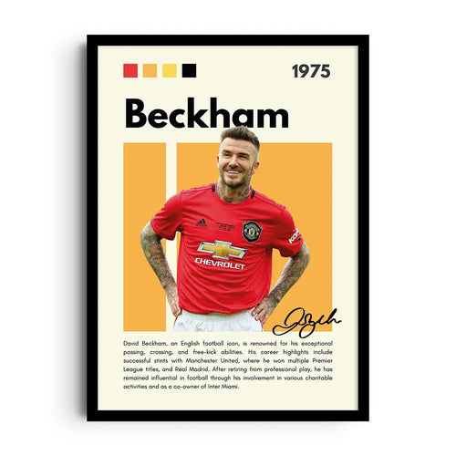 BECKHAM TECHNIQUE — David Beckham in Manchester United red, distilled into a clean mid-century, framed wall art poster