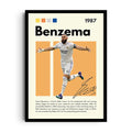 BENZEMA CLINICAL — Karim Benzema mid-celebration in pristine Real Madrid white, set against, framed wall art poster