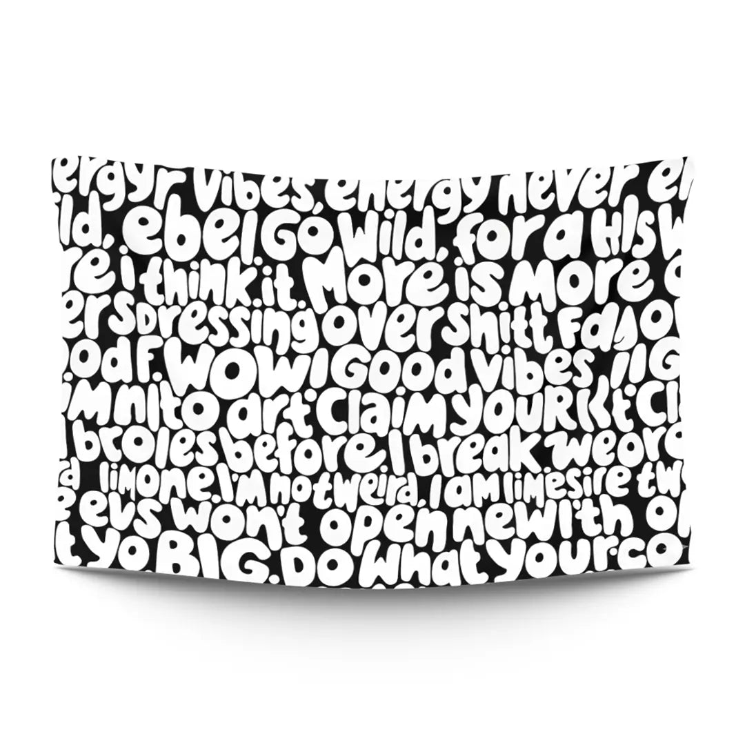 Bubble-letter graffiti chaos with overlapping balloon-rounded tags in candy pinks, electric blues and acid greens — LoudBorders wall tapestry.