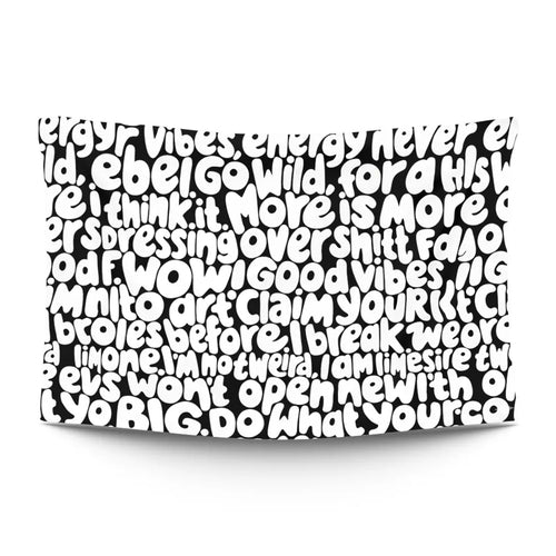 Bubble-letter graffiti chaos with overlapping balloon-rounded tags in candy pinks, electric blues and acid greens — LoudBorders wall tapestry.