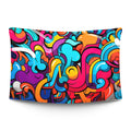 Bubble-letter graffiti tags in candy pinks and electric blues layered on a wall — LoudBorders wall tapestry.