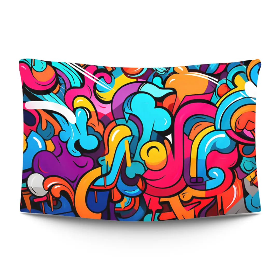 Bubble-letter graffiti tags in candy pinks and electric blues layered on a wall — LoudBorders wall tapestry.