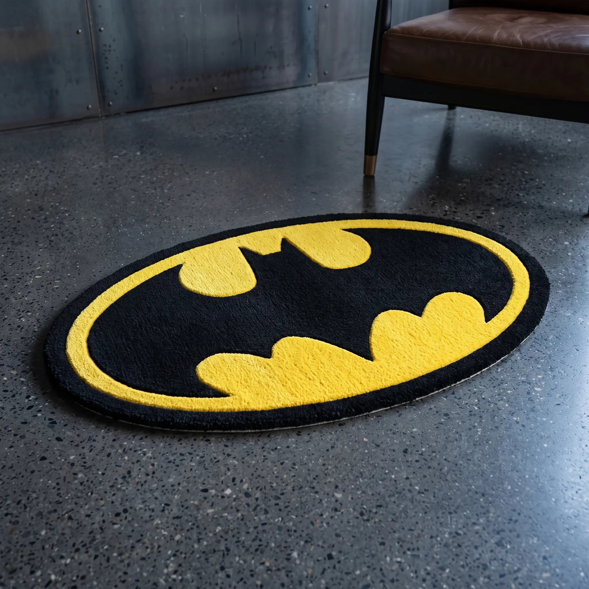 Batman classic emblem die-cut rug — black bat silhouette in a yellow oval, cut to the oval shape, on a polished concrete floor