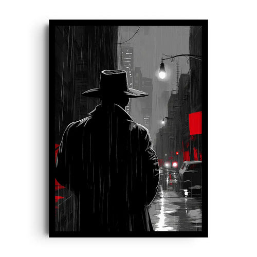 CITY OF SECRETS — A trench-coated detective in silhouette stands in rainy noir streets, a single red, framed wall art poster