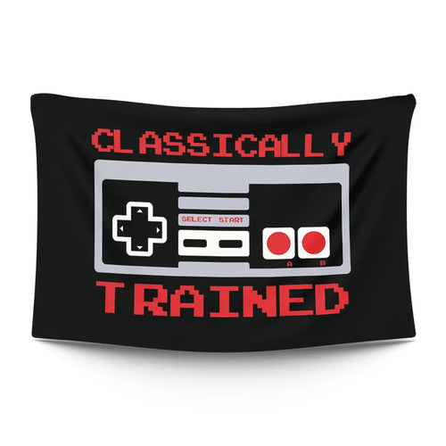 Bold ‘CLASSICALLY TRAINED’ typographic statement — a classical-music credential in stark light type on a moody dark backdrop — LoudBorders wall tapestry.