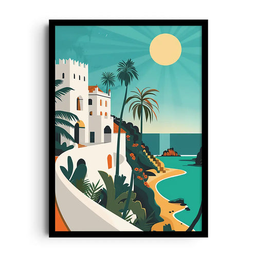 COASTAL ESCAPE — A flat-graphic Mediterranean villa perched above a turquoise cove, framed by palms, framed wall art poster