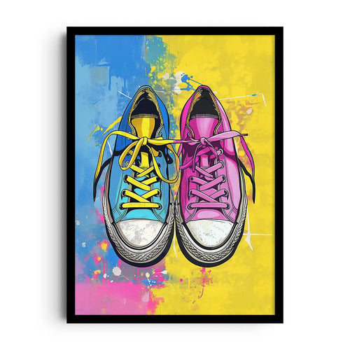 COLORED STEPS — A pair of mismatched canvas sneakers, framed wall art poster