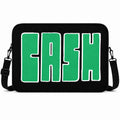 Cash laptop sleeve — bold green CASH lettering on a black padded sleeve with detachable shoulder strap