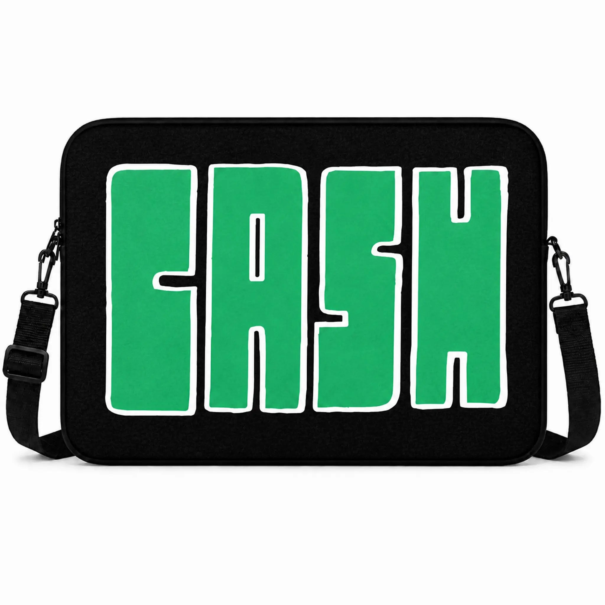 Cash laptop sleeve — bold green CASH lettering on a black padded sleeve with detachable shoulder strap