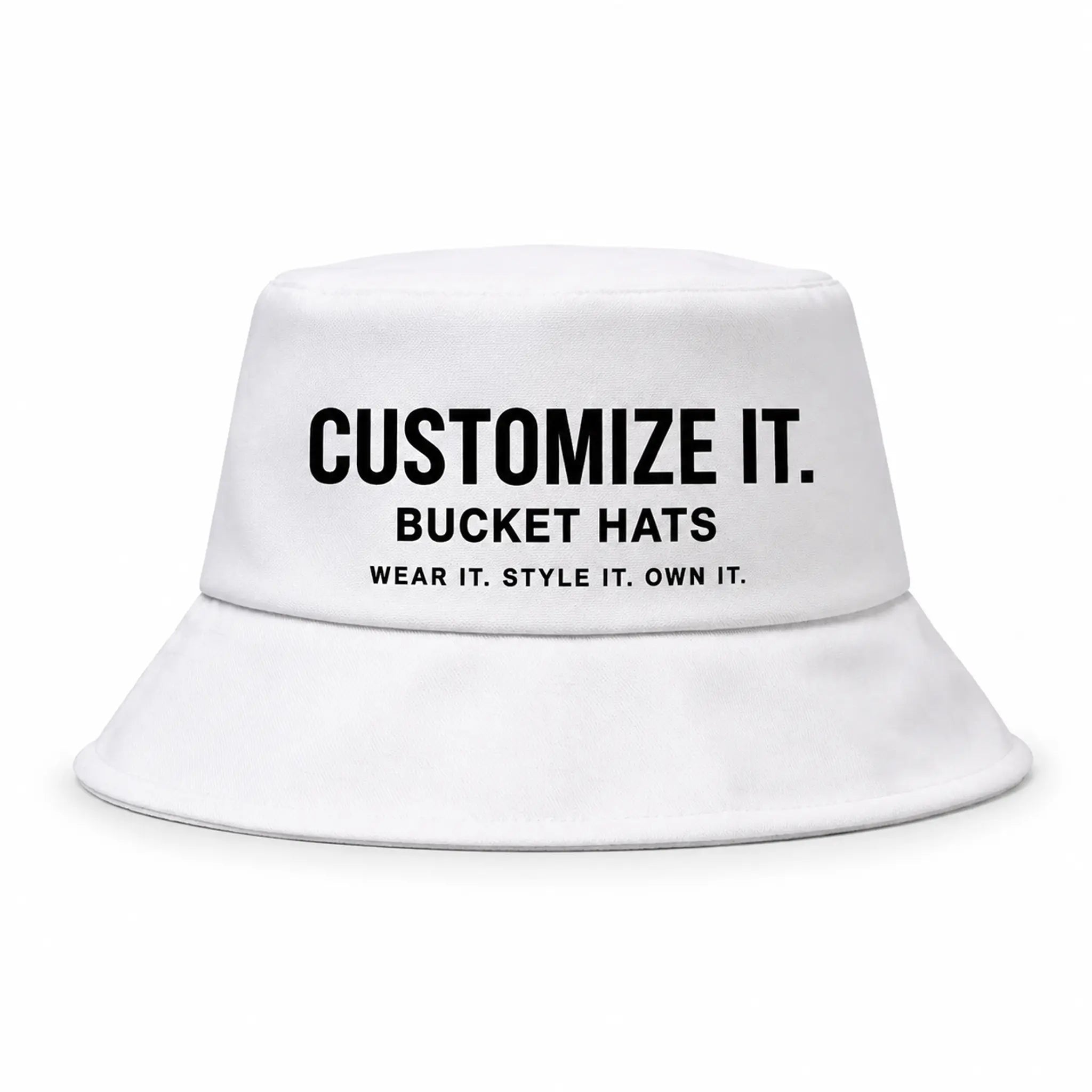Custom all-over print bucket hat with padded brim, printed edge to edge on polyester