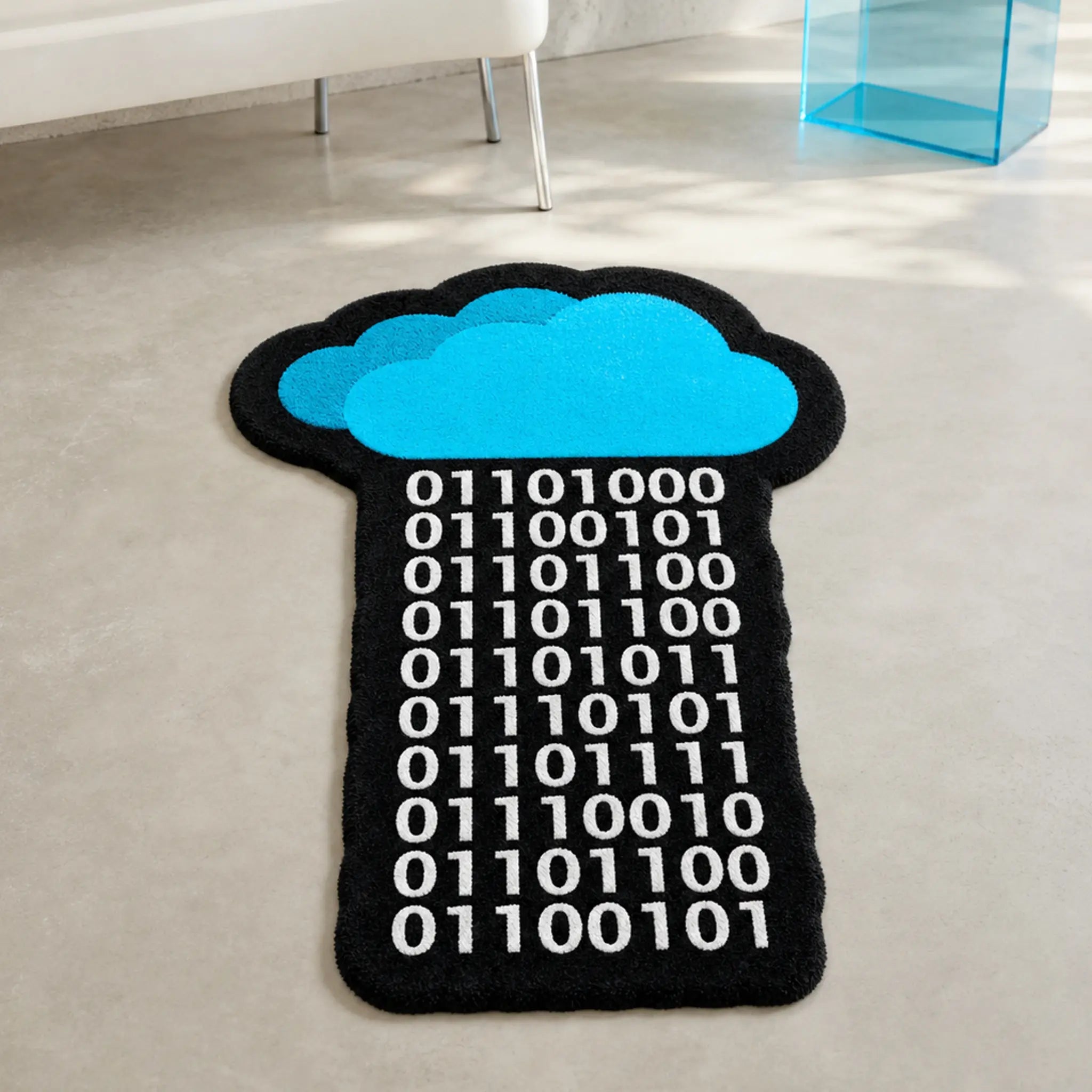 DATA STORM die-cut rug — cyan cloud raining a column of white binary on black faux fur, cut to the shape of the design