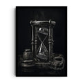 DUSTVEIL — A weathered hourglass stands in near-total darkness, fine black sand slipping, framed wall art poster