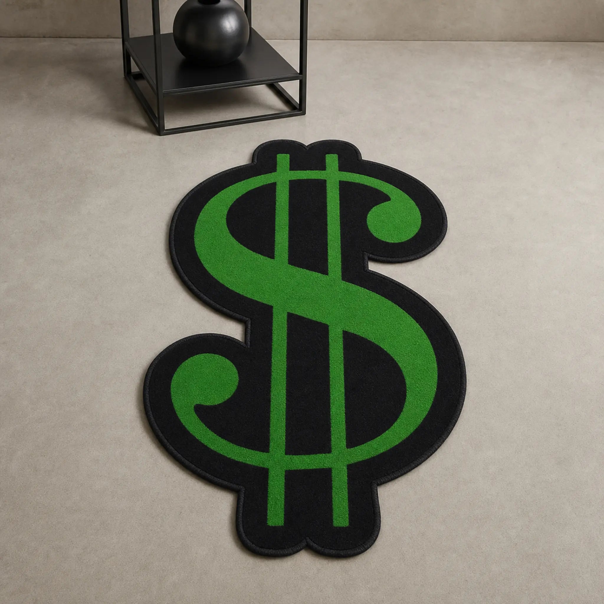 Dollar Hustle die-cut rug — bold green dollar sign on black, cut to the symbol with black edge binding