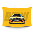 BMW E30 M3 silhouette with flared fenders, BBS wheels and rear wing — LoudBorders wall tapestry.