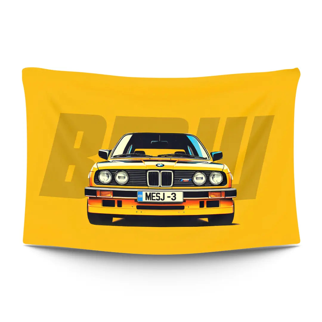 BMW E30 M3 silhouette with flared fenders, BBS wheels and rear wing — LoudBorders wall tapestry.