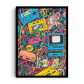 ELECTRIC NOSTALGIA — A pop-art tangle of childhood: Game Boys, NES consoles, CRT TVs, cassettes, framed wall art poster