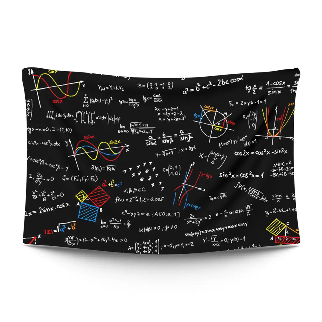 Overlapping mathematical and physics equations in chalk-white type on a deep blackboard backdrop — LoudBorders wall tapestry.
