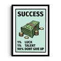 FORMULA FOR SUCCESS — A cartoon stack of cash and gold coins on mint-green Monopoly card, framed wall art poster