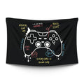Two decades of gaming controllers layered in chaos — Xbox bumpers, DualShock sticks, NES crosspads and arcade joysticks — LoudBorders wall tapestry.