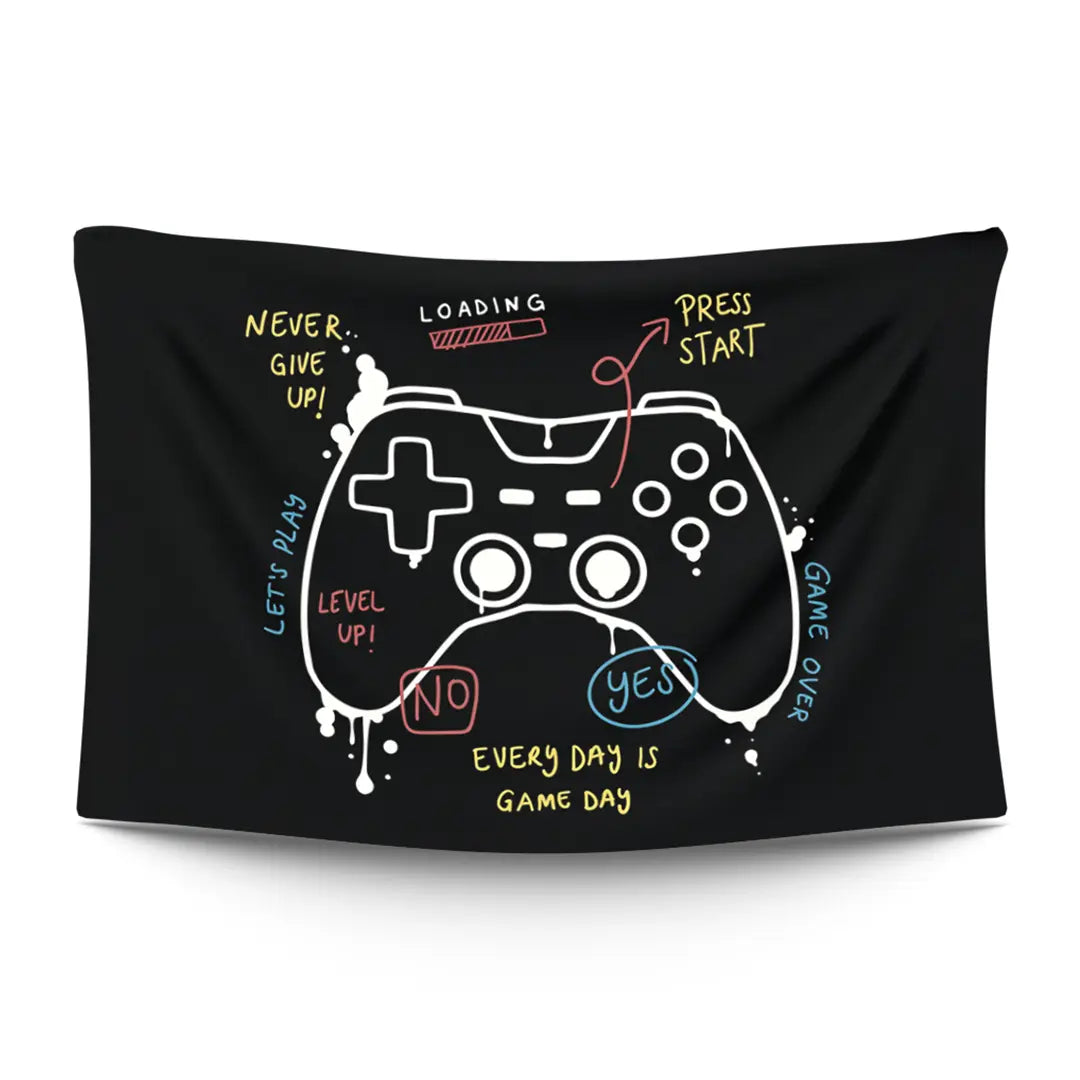 Two decades of gaming controllers layered in chaos — Xbox bumpers, DualShock sticks, NES crosspads and arcade joysticks — LoudBorders wall tapestry.
