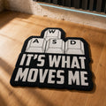 GAMER'S GPS die-cut rug — WASD keycaps above the words IT'S WHAT MOVES ME, cut to the shape of the design with black edge binding