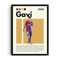 GAVI INTENSITY — A clean editorial portrait of Gavi in Barcelona's Rakuten kit, set against an ochre, framed wall art poster